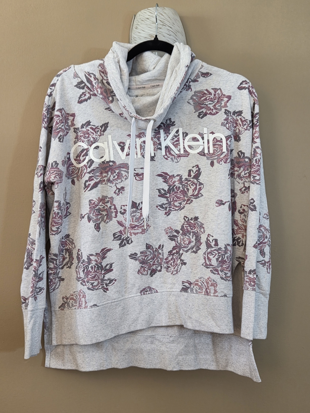 Calvin Klein Gray Cowl Neck Sweatshirt with Mauve Floral Print